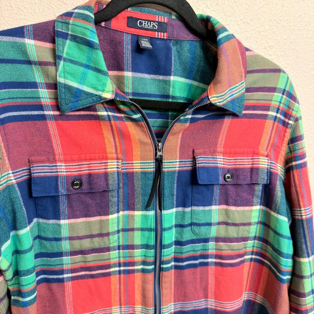 Chaps Plaid Flannel Full Zip Shirt Jacket Womens Large Red Blue Green - Picture 3 of 7